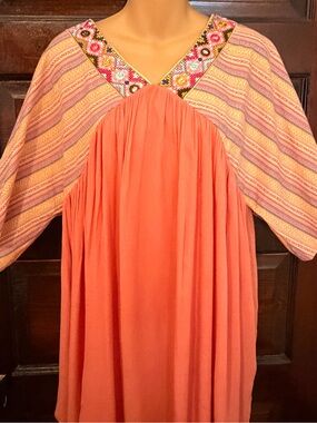 Velzera Coral Embroidered Yoke Long Sleeve Dress